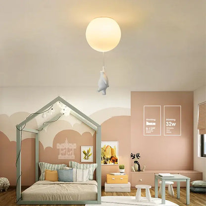 White ceramic cat pendant ceiling light with soft spherical shade and dangling bird pendant for kids bedroom decorbites cartoon bear