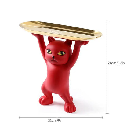 Red ceramic cat tray sculpture holding a gold tray for office desk storage accessory