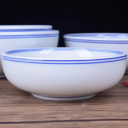 White ceramic noodle bowl with delicate blue double-line rim from decorbites blue for dining room tableware