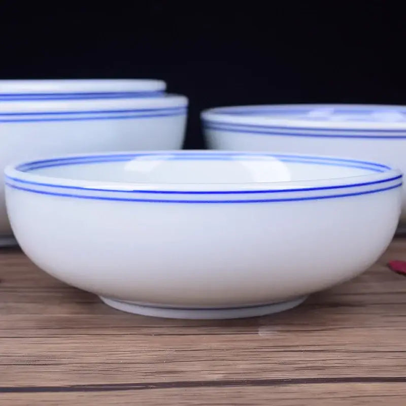 White ceramic noodle bowl with delicate blue double-line rim from decorbites blue for dining room tableware