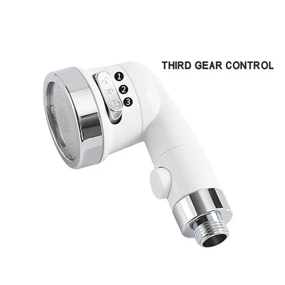 White and chrome handheld shower nozzle with hose featuring a third gear control dial for bathroom use