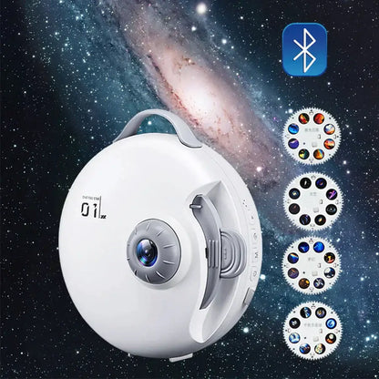 White circular decorbites galaxy starry projector with gray lens handle and bluetooth night light for bedroom use