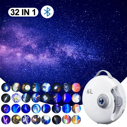 White circular bluetooth star projector with handle projecting 32 cosmic scenes for bedroom night light decorbites galaxy star