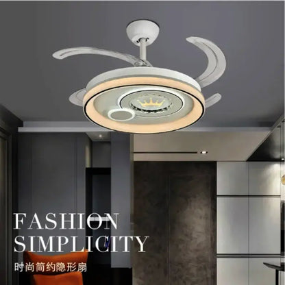 White ceiling fan with integrated lighting and crown emblem featuring remote control decorbites dimmable smart design