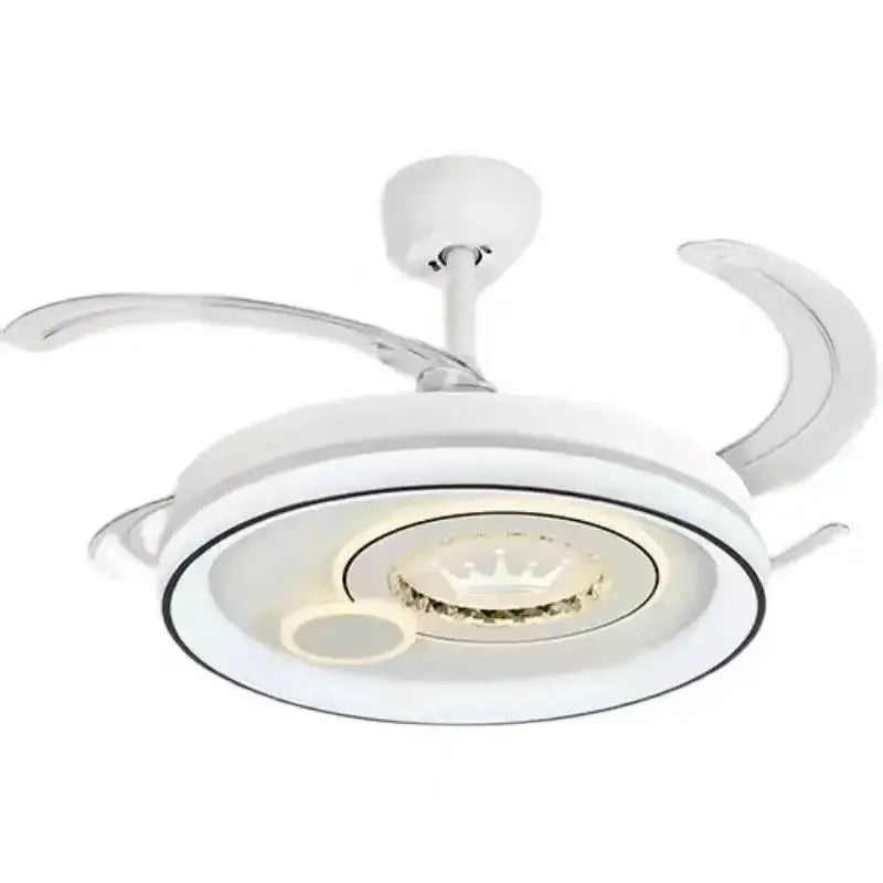 White circular remote control ceiling fan with integrated lighting and decorative crown motif decorbites dimmable smart model