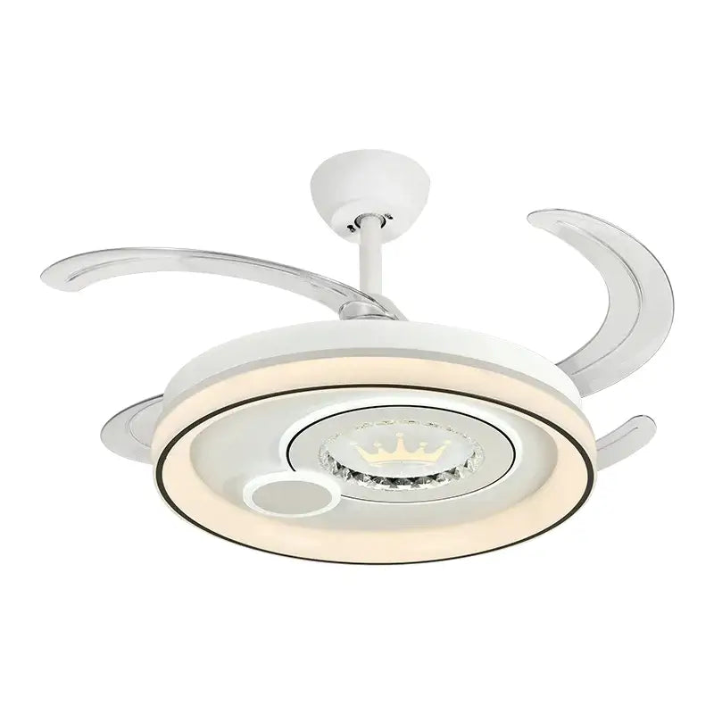 White circular remote control ceiling fan by decorbites with integrated led lighting and central crown design dimmable smart