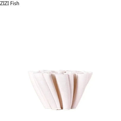 White ceramic vase plant with a fluted petal-like design for living room floral decor and vase plant pots