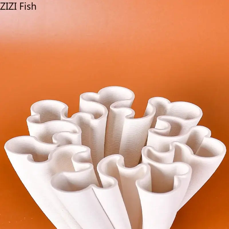 White ceramic vase plant pots with sculpted coral-like textured surface for stylish living room floral decor