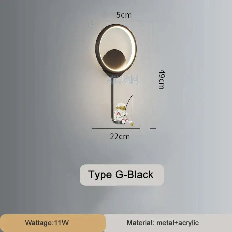Black modern wall lamp with circular illuminated ring and metal acrylic astronaut figurine decorbites astronaut wall lamp