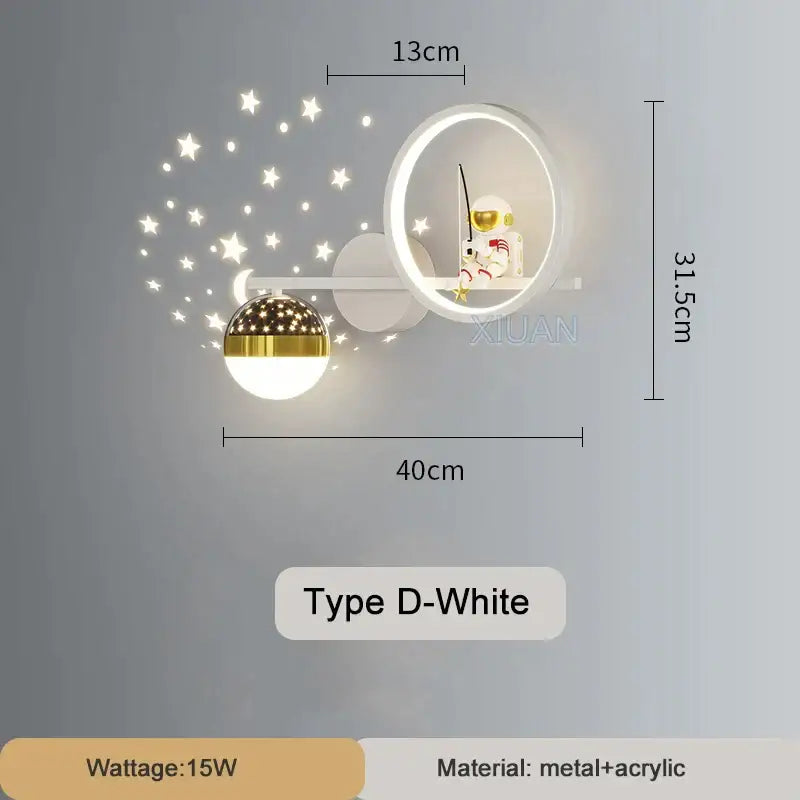 White and gold crescent astronaut wall lamp with circular light, star-shaped LEDs, and spherical globe accent for starlight decor
