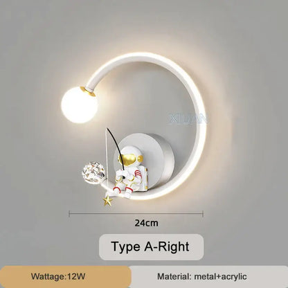 White and gold decorbites astronaut wall lamp with red accents holding fishing rod with crystal lure and starfish for bedroom decor