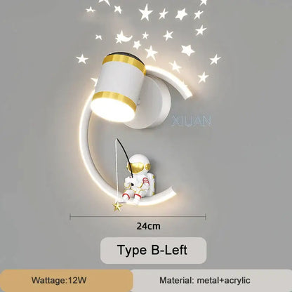 White crescent astronaut wall lamp in gold and white features a miniature astronaut fishing under curved light for bedroom decorbites decor