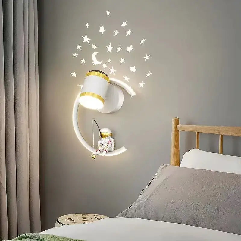 White crescent astronaut wall lamp with gold crescent moon and small astronaut figurine for bedroom starlight decorbites wall lamp
