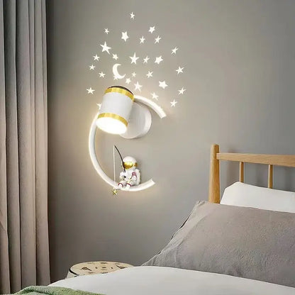 White crescent astronaut wall lamp with gold crescent moon and small astronaut figurine for bedroom starlight decorbites wall lamp
