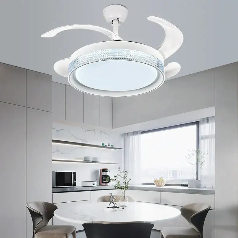 White ceiling fan with integrated led lighting and decorative crystal ring for decorbites invisible chandelier living room use
