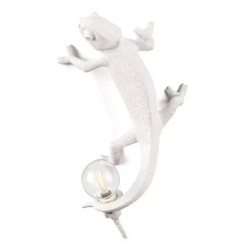 White decorbites chameleon figure resin wall lamp with textured design and clear bulb tail for bedroom night light