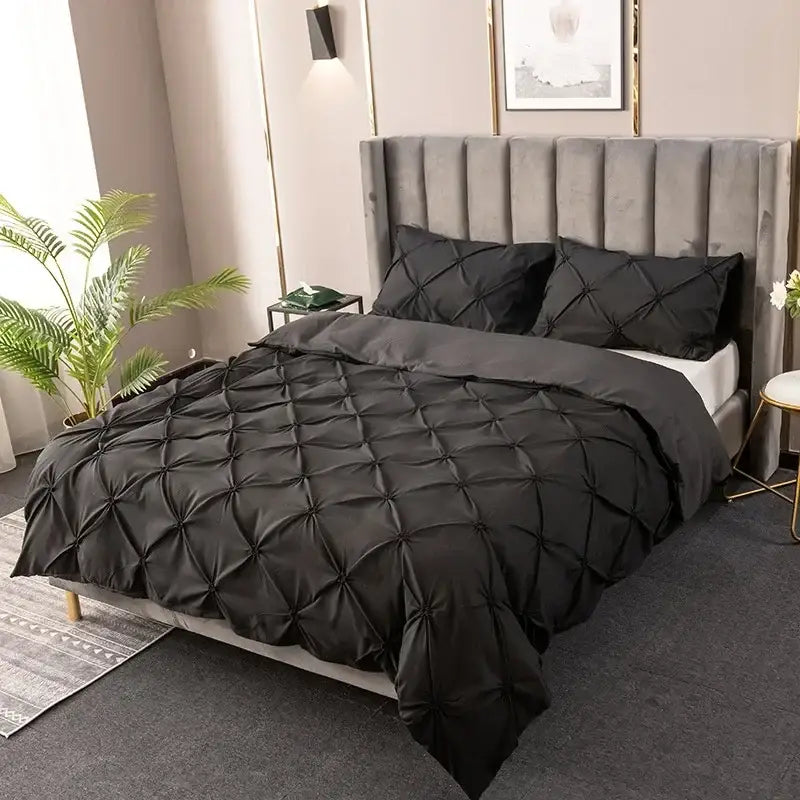 Black quilted duvet cover set with sleek modern design for bedroom bedding in white diamond pinch pleated style
