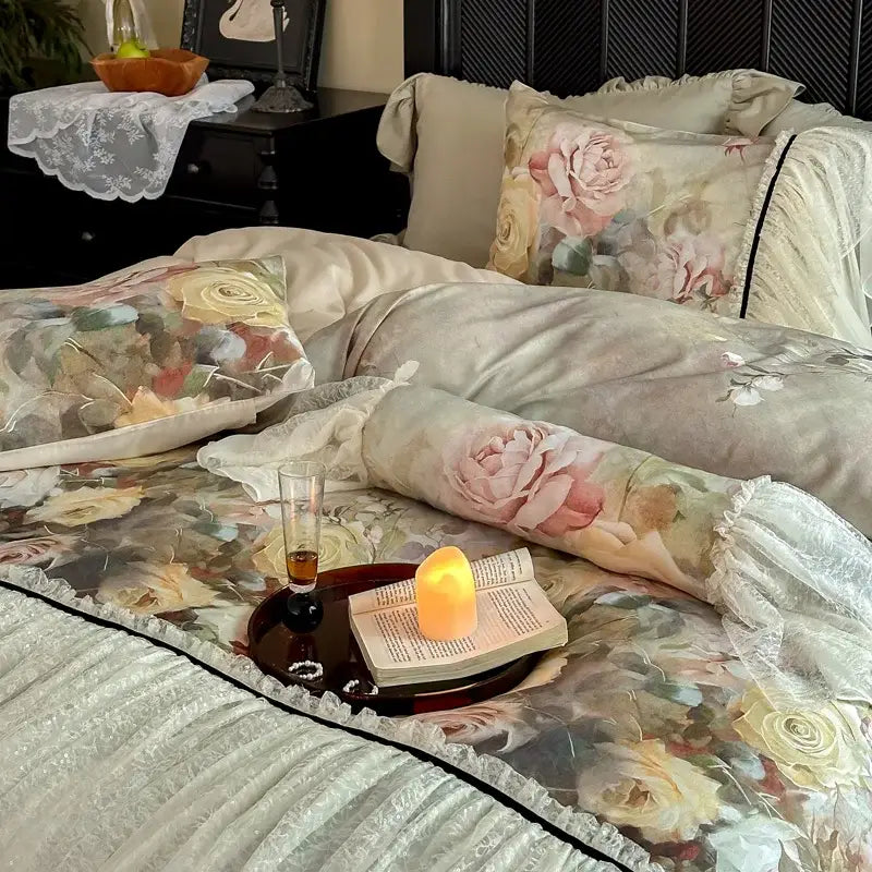 Cream-colored egyptian cotton bedding set with vintage rose pattern and double lace ruffles for elegant bedroom decor