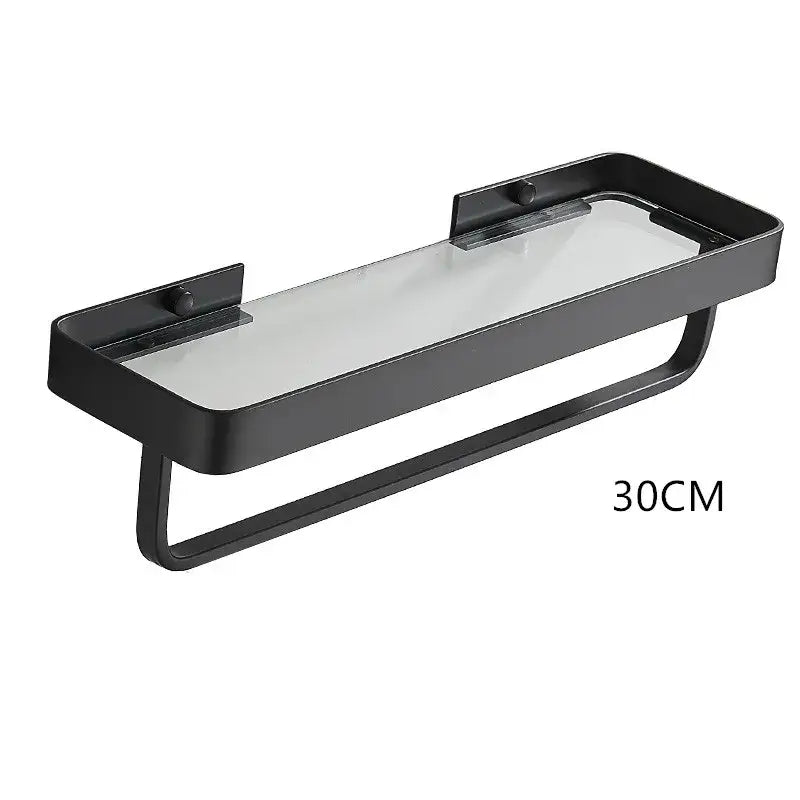 Black metal towel rack with clear glass top shelf in white double tier glass corner shelf for bathroom use