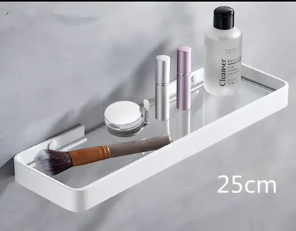 White double tier glass corner shelf with towel bar featuring a white rectangular wall-mounted glass surface for kitchen storage