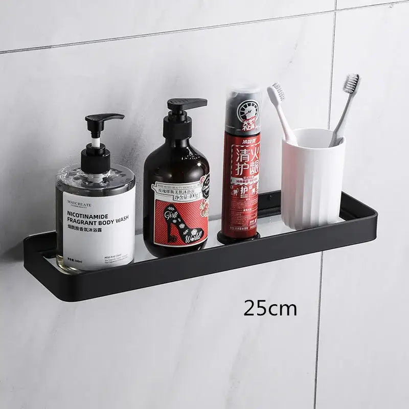 Black metal corner shelf with sleek modern design 25cm length paired with white glass corner shelf with towel bar