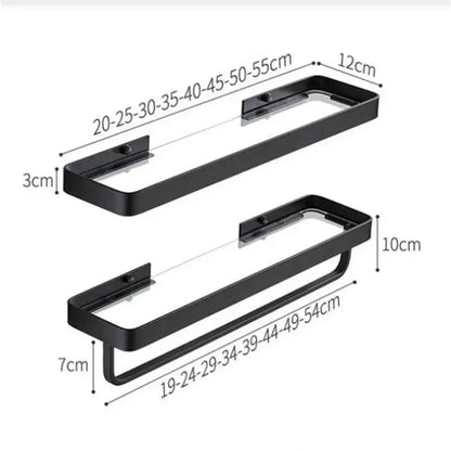 Black metal towel rack with sleek modern design and glass corner shelf for bathroom double tier corner shelf