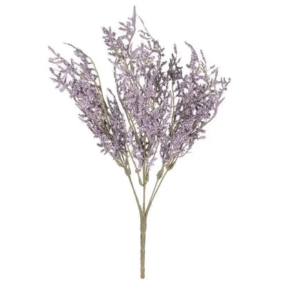 A delicate artificial lavender bouquet with slender stems in a white dried baby’s breath lavender paper box vase for living room