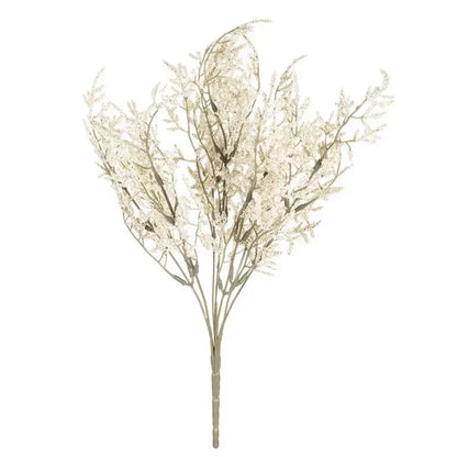 A cream-colored artificial breath lavender bouquet with slender stems in a paper box vase for living room decor