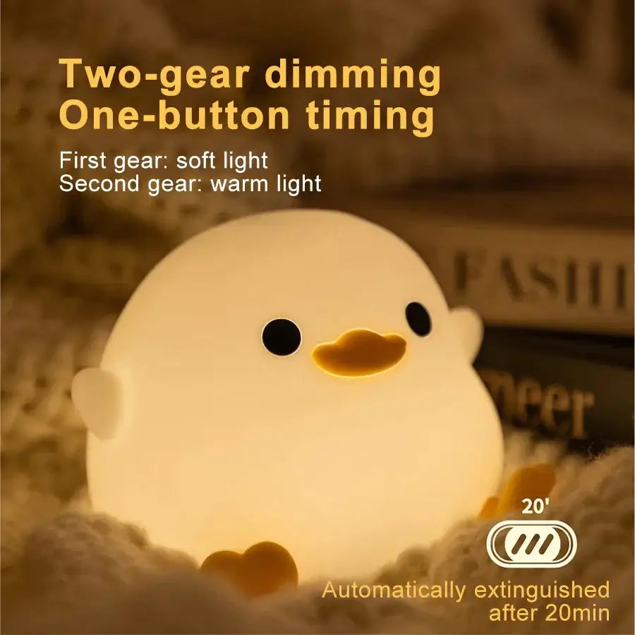 White duck silicone night light with touch sensor timer featuring soft glowing white decorbites duck silicone design
