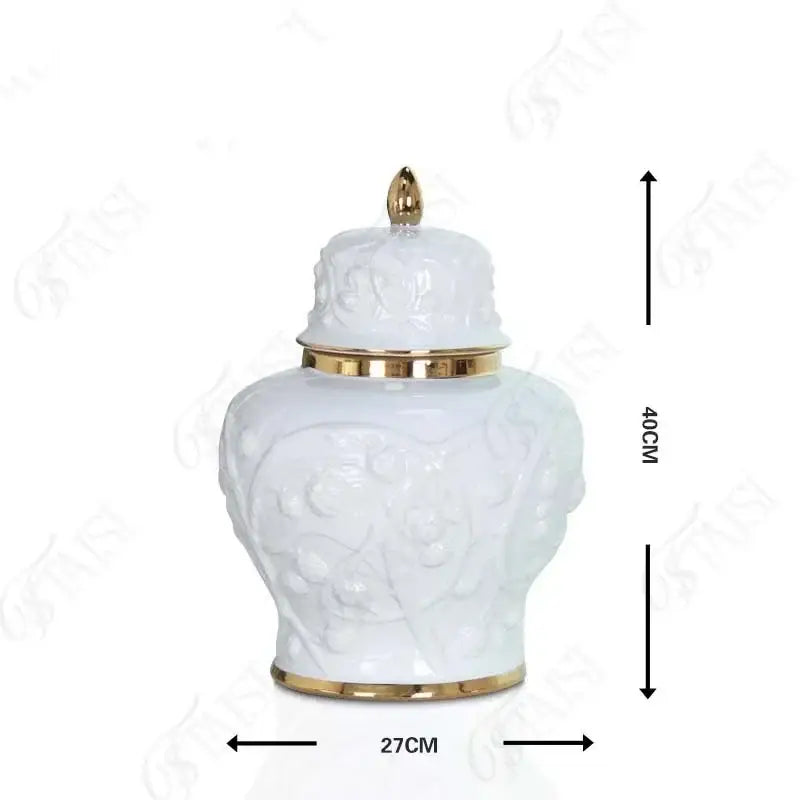 White embossed flower ceramic ginger jar vase with gold-trimmed lid and base for living room storage