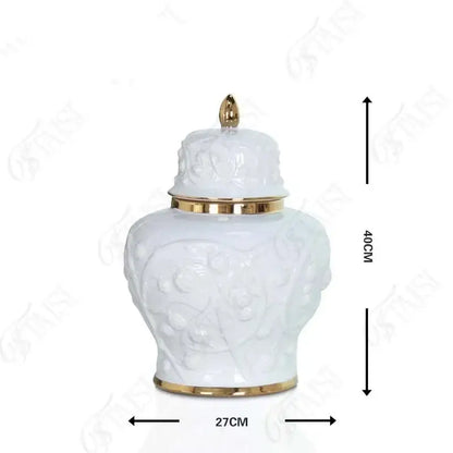 White embossed flower ceramic ginger jar vase with gold-trimmed lid and base for living room storage