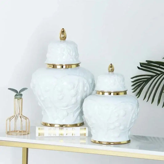White embossed flower ceramic ginger jar vase with gold-trimmed lids and bases for living room storage