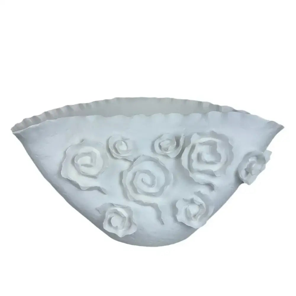 White embossed rose ceramic wall sconce with scalloped edge for elegant living room decorbites embossed rose decor