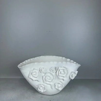 White embossed rose ceramic bowl with raised motifs and scalloped rim for living room decorbites embossed rose decor
