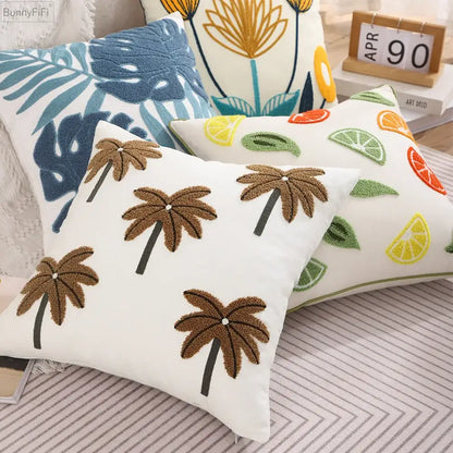 White embroidered cactus lemon pillow case with brown palm tree embroidery and plush textured finish for living room decorbites cactus lemon dandelion