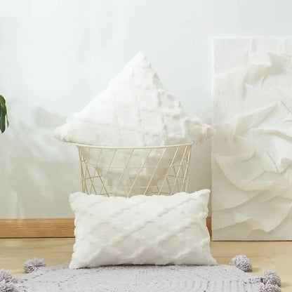 White embroidered diamond cushion cover with textured throw pillows featuring a waffle pattern for living room decor