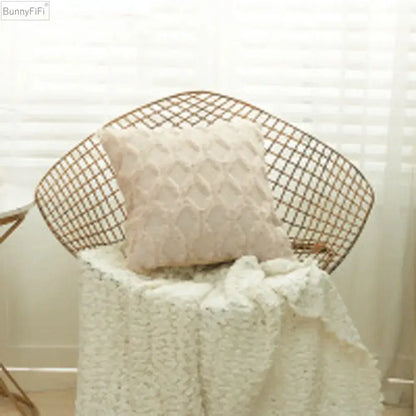 Cream-colored embroidered diamond cushion cover with textured raised diamond pattern for living room decor