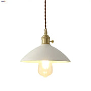 White enamel pendant light with brass fixture and decorbites ceramic knob switch on twisted brown cord for kitchen decor