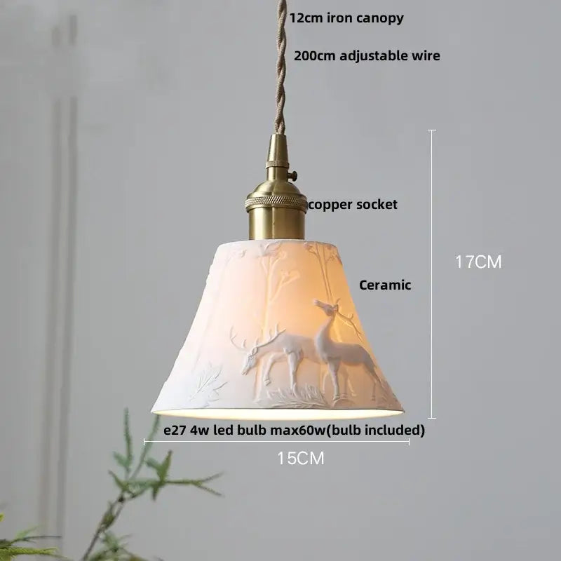 White enamel pendant light with embossed deer design brass-finished metal and decorbites ceramic knob switch