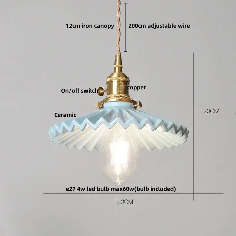 Light blue ceramic pendant light with brass-finished decorbites ceramic knob switch and adjustable wire suspension canopy