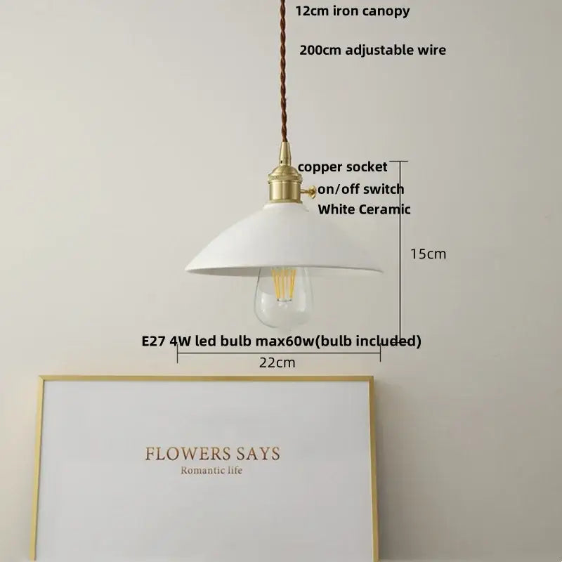 White enamel pendant light with ceramic knob switch featuring a brass copper socket and adjustable braided wire decorbites ceramic knob