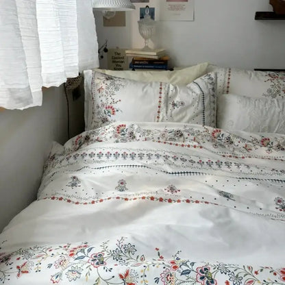 White floral embroidered cotton duvet cover set with delicate red blue and black embroidery for bedroom bedding