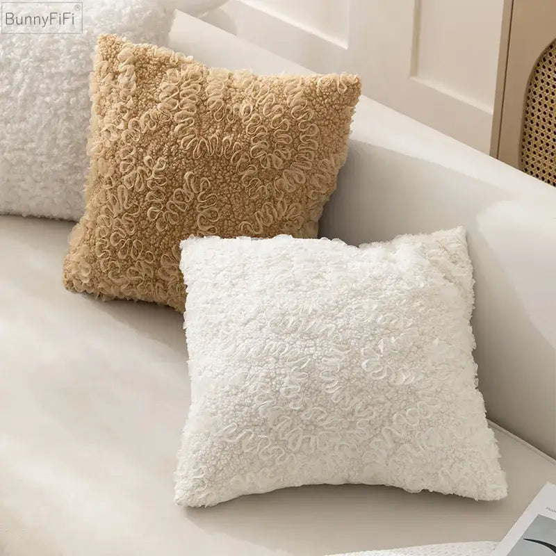Cream-colored plush cushion cover 45x45cm with textured ruffled surface in ivorycamel polka dot for living room use