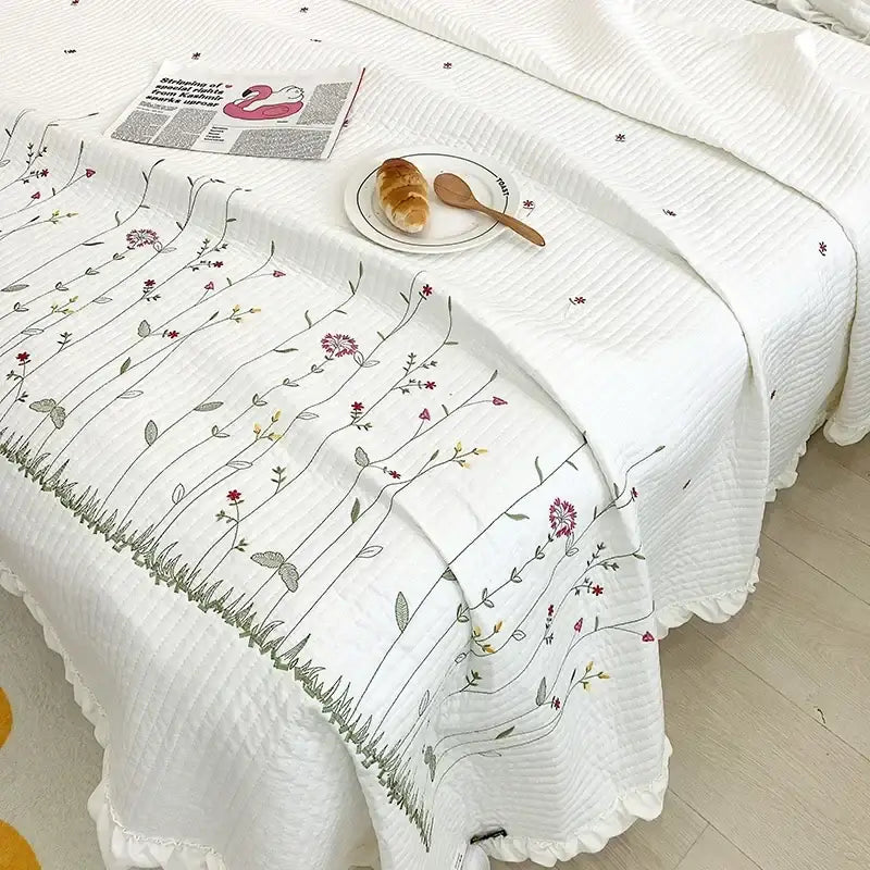 White quilt set with fresh flower embroidered cotton bedspread featuring delicate pink purple and green floral decorbites design