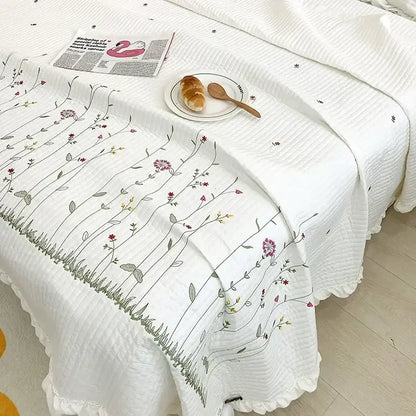 White quilt set with fresh flower embroidered cotton bedspread featuring delicate pink purple and green floral decorbites design