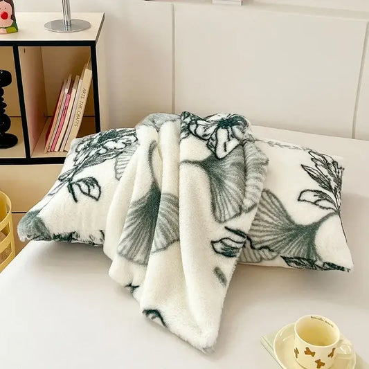 White ginkgo botanical cozy winter plush pillowcase with soft fluffy texture and black gray ginkgo leaf pattern decorbites cozy winter