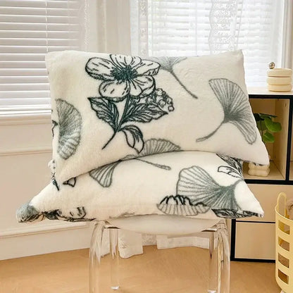 White ginkgo botanical cozy winter plush pillowcase with soft fuzzy texture and black gray floral decorbites cozy winter design