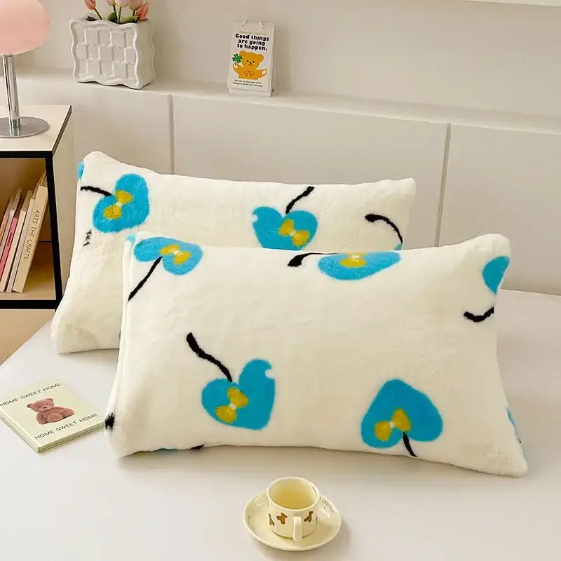 White ginkgo botanical cozy winter plush pillowcase with white fuzzy fabric and blue yellow cherry pattern decorbites cozy winter
