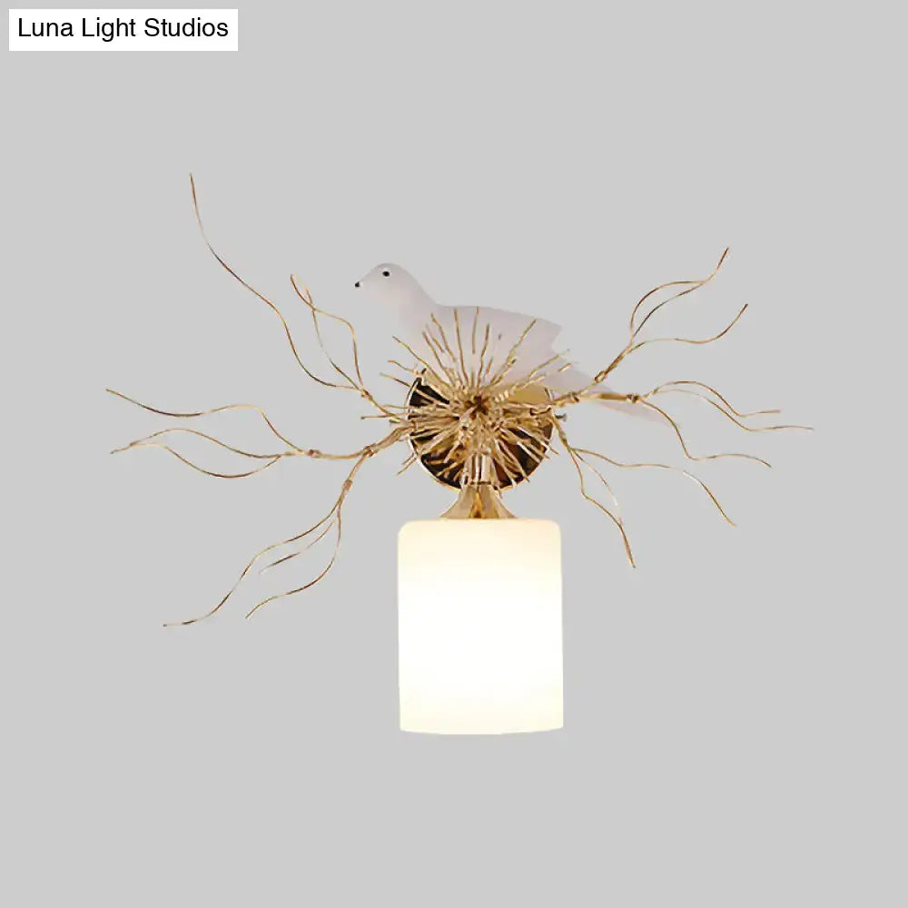 White glass bird wall lamp with led featuring a white ceramic dove and opaline shade for 220v-240v and 110v-120v use