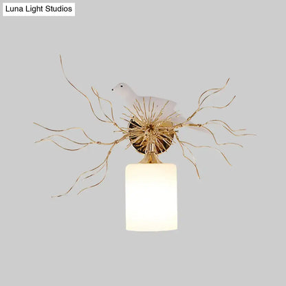 White glass bird wall lamp with led featuring a white ceramic dove and opaline shade for 220v-240v and 110v-120v use